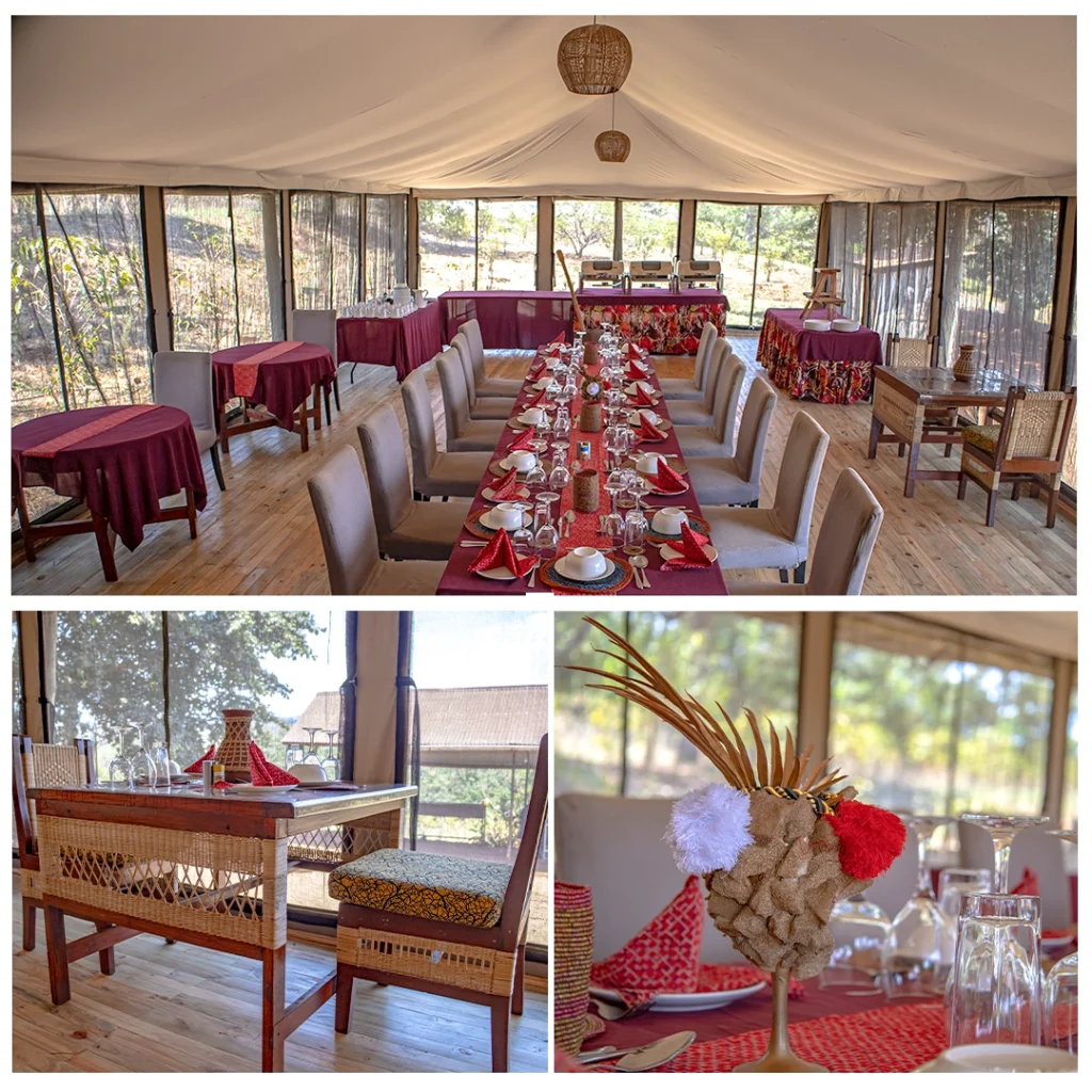 Collage showing the interior dining hall with long tables and elegant table settings at a Tanzania safari lodge.
