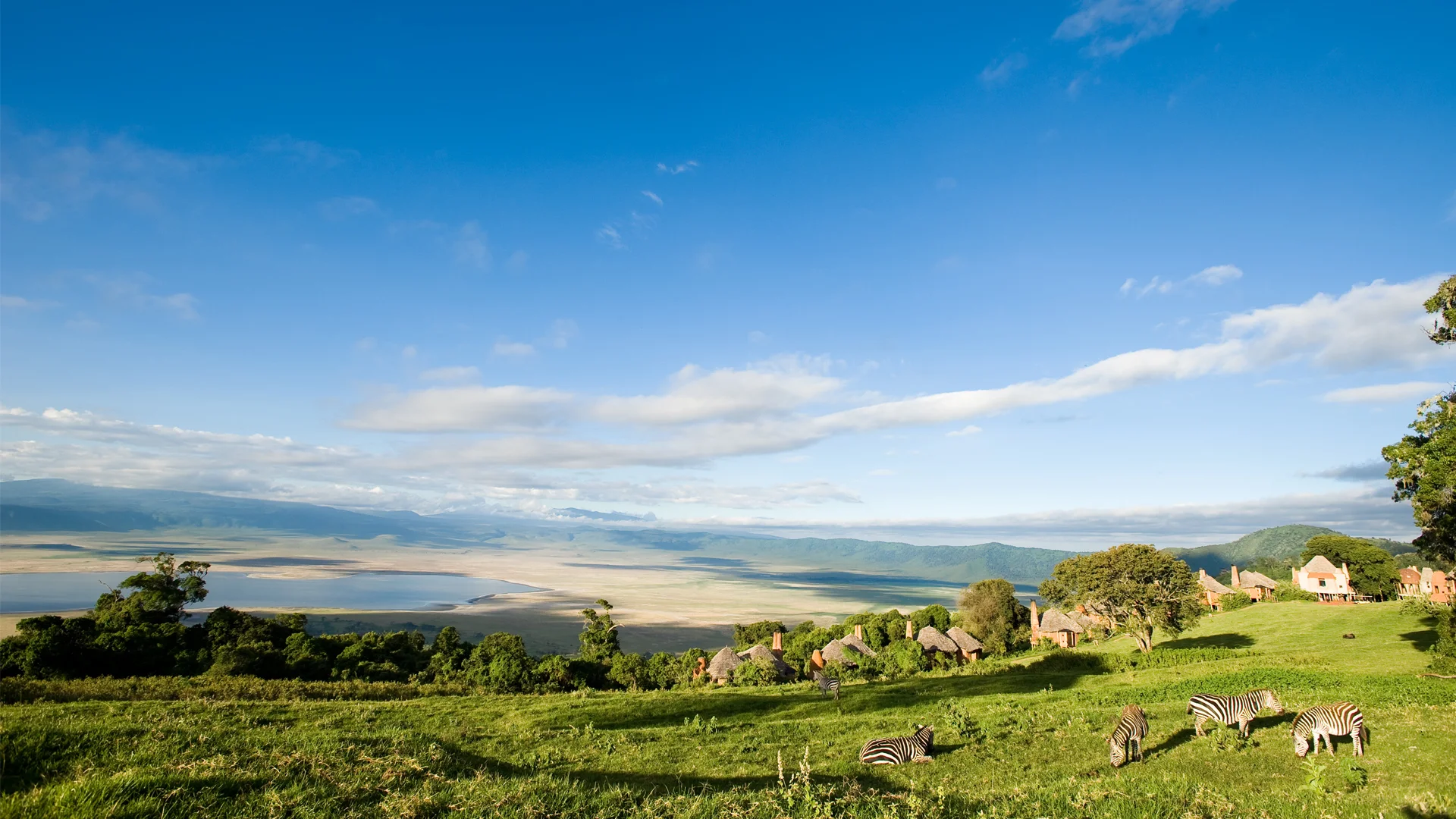 Aerial view of Ngorongoro Crater at dawn showing the rim and crater floor